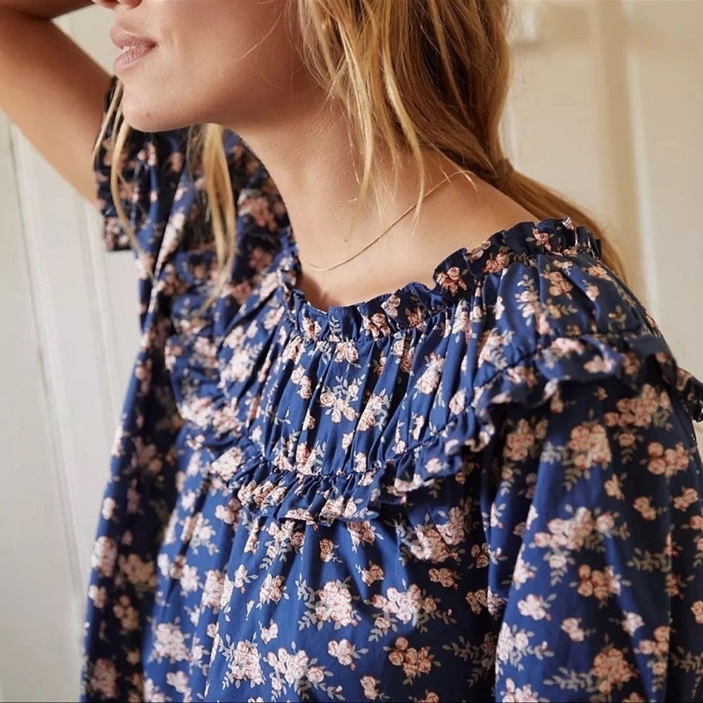 Anthropologie MENDER Ruched Tunic Floral Cottagecore Shift Mini Dress Sz‎ M